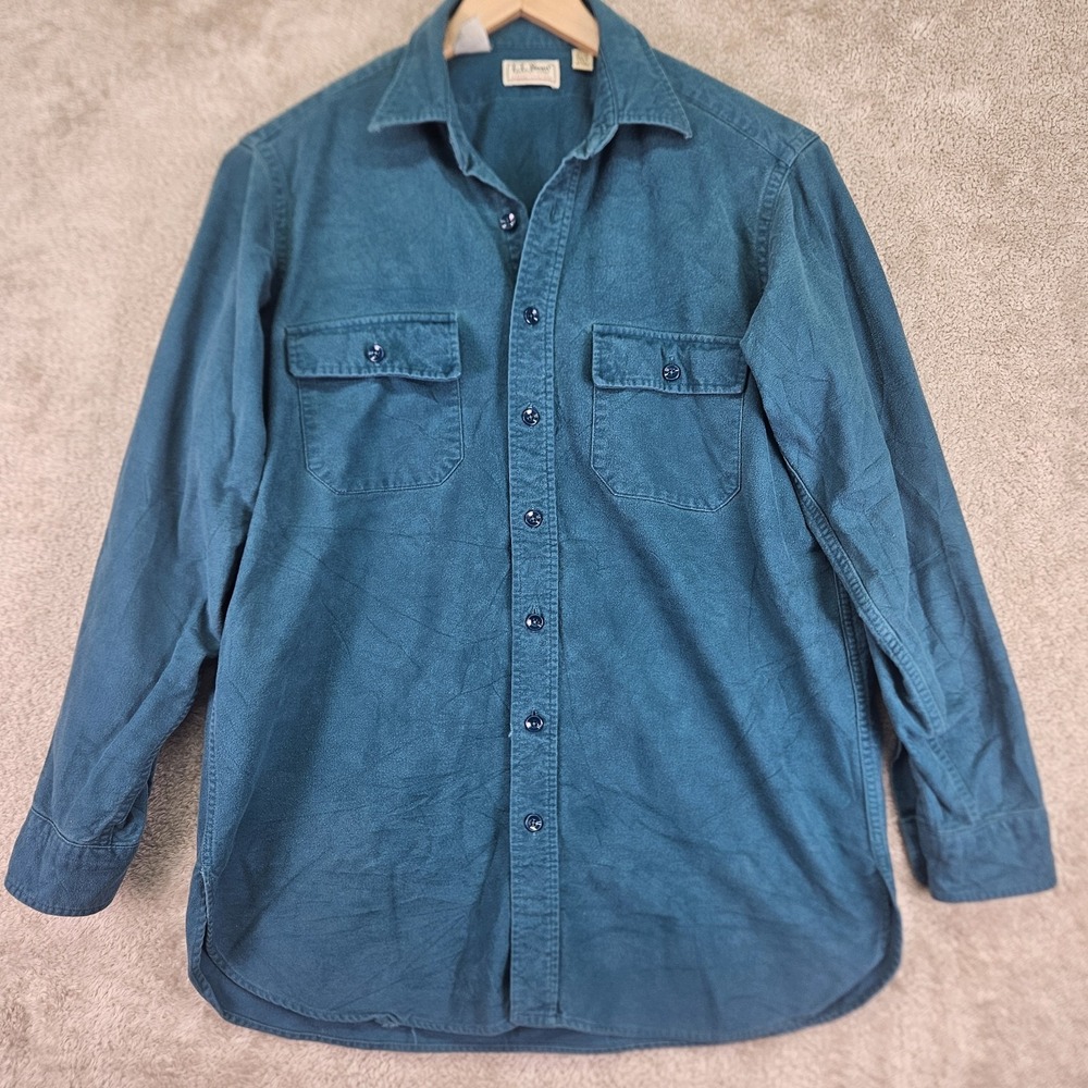 Vintage LL Bean Chamois Cloth Shirt Men Large 16 Tall Teal Green Made USA Cotton